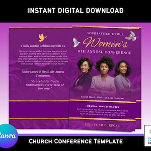 Canva-sjabloon conferentieprogramma vrouwenkerk | Bewerkbare paarse brochure religieuze evenementen | 11 x 8,5 dubbelgevouwen | Ontwerp met 4 pagina's
