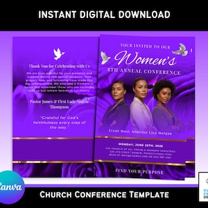 Sjabloon Canva-conferentieprogramma voor vrouwenkerk | Bewerkbare violetpaarse brochure religieus evenement | 11 x 8,5 dubbelgevouwen | Ontwerp met 4 pagina's