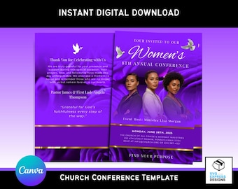Canva Women&#39;s Church Conference Program Template | Editable Violet Purple Religious Event Brochure | 11x8.5 Bi-Fold | 4-Page Design