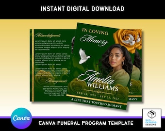 Green Marble Floral Canva Funeral Program Template – Elegant Bi-Fold Brochure (17x11 in) with Doves