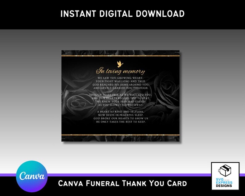 Black and Gold Roses Funeral Thank You Card Template | Editable Canva ...