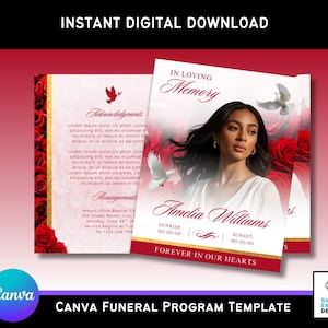Puede incluir: Una plantilla de programa fúnebre con borde rojo y dorado, con una foto de una mujer, rosas y palomas. El texto incluye "In Loving Memory", "Amelia Williams" y "Forever in Our Hearts". Disponible como descarga digital instantánea.