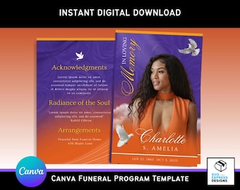 Orange and Purple Canva Funeral Program Template – Elegant Bi-Fold Brochure (11x8.5 in) with White Doves