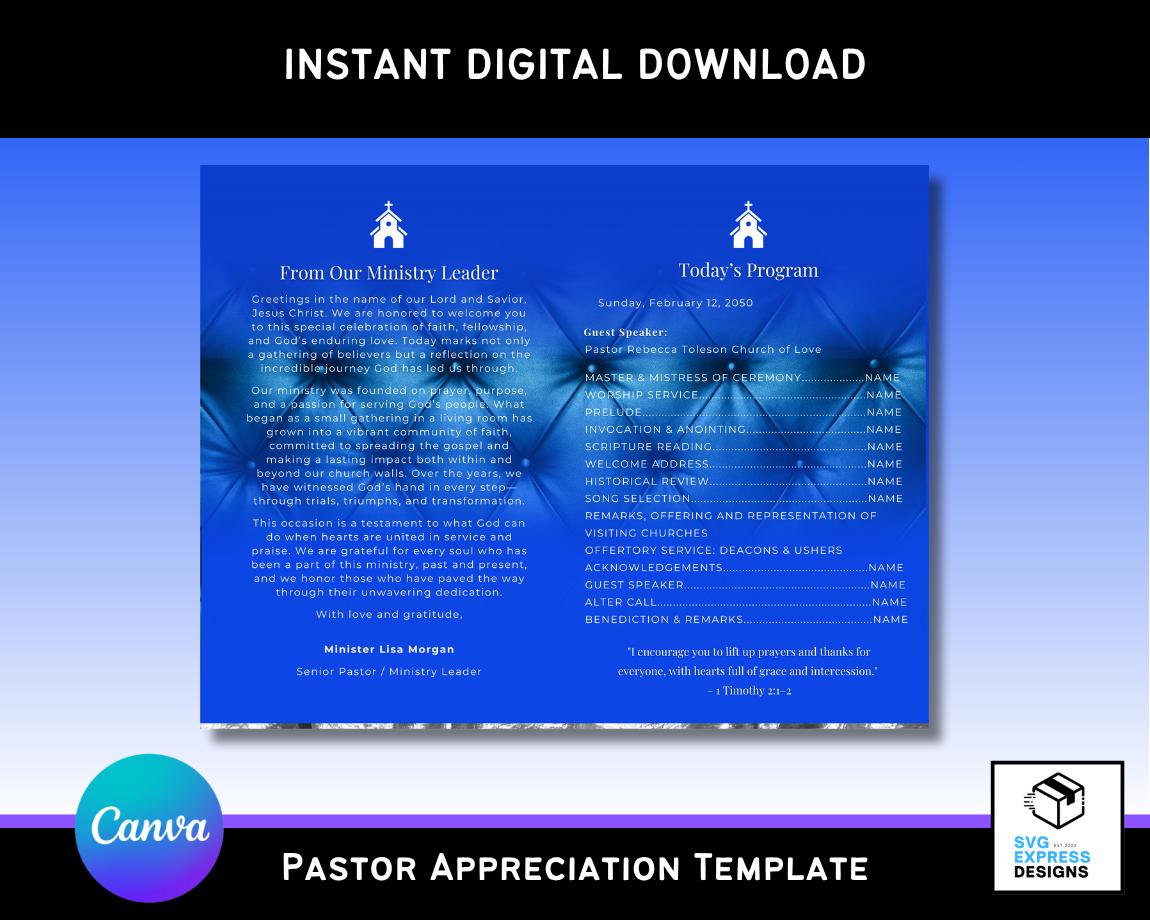 Editable Pastor Appreciation Program Template Blue Silver Church