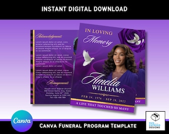 Royal Purple Floral Funeral Program Template: Bi-Fold Memorial Brochure (Canva Editable, Digital Download)