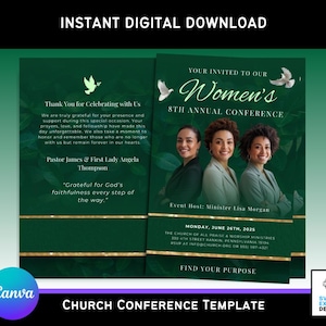 Sjabloon Canva-conferentieprogramma voor vrouwenkerk | Bewerkbare brochure groene religieuze evenementen | 11 x 8,5 dubbelgevouwen | Ontwerp met 4 pagina's
