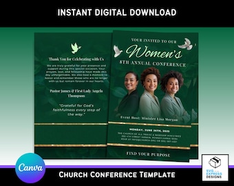 Women's Church Conference Program Template: Green Bi-Fold Brochure (Canva Editable, 11x8.5, Digital Download)
