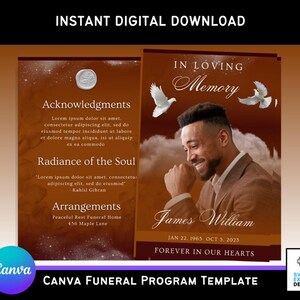 Op de afbeelding: Een digitale Canva-begrafenisprogrammasjabloon in bruin en wit. De sjabloon bevat tekstvelden voor dankbetuigingen, arrangementen en een foto van James William. De woorden "In Loving Memory" en "Forever in Our Hearts" zijn ook opgenomen.
