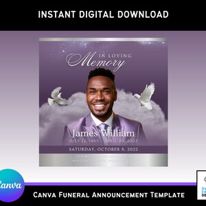 Anuncio e invitación funeraria en tonos morados y plateados / Volante conmemorativo digital, obituario, celebración de la vida / Plantilla de Canva