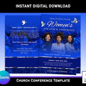 Sjabloon Canva-conferentieprogramma voor vrouwenkerk | Bewerkbare blauwe brochure religieus evenement | 11 x 8,5 dubbelgevouwen | Ontwerp met 4 pagina's