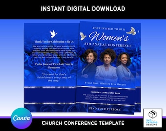 Plantilla para programa de conferencia de iglesias de mujeres: Folleto azul para evento religioso (Canva, 11 x 8,5, descarga digital plegable)