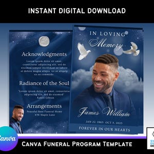 Plantilla de programa funerario de Canva en azul marino: elegante folleto plegable (11 x 8,5 pulgadas) con obituario en azul