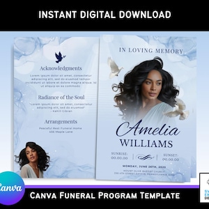 Plantilla de programa funerario de Canva con nube azul pastel claro: elegante folleto plegable (28 x 21,5 cm) con paloma azul