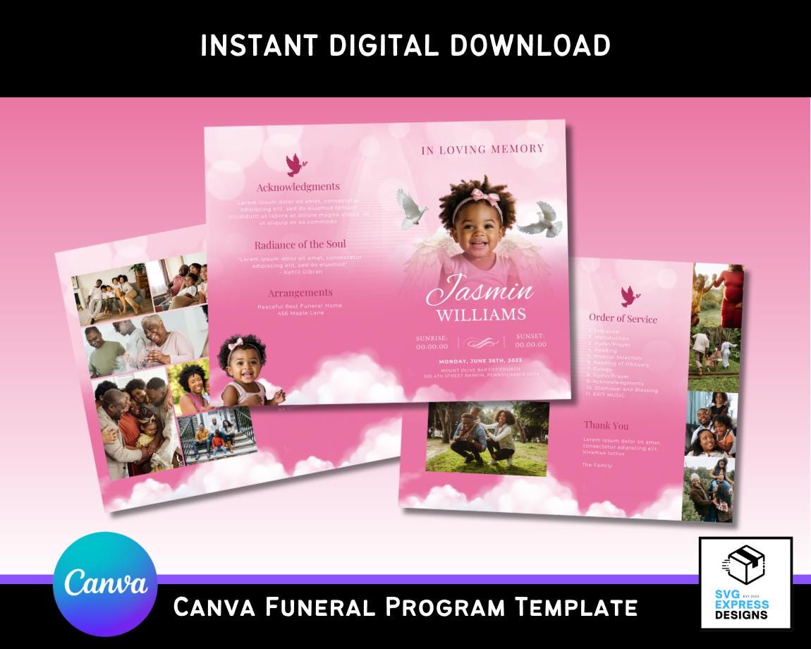 Pink Baby Girl Funeral Program Template: Editable Canva Obituary ...