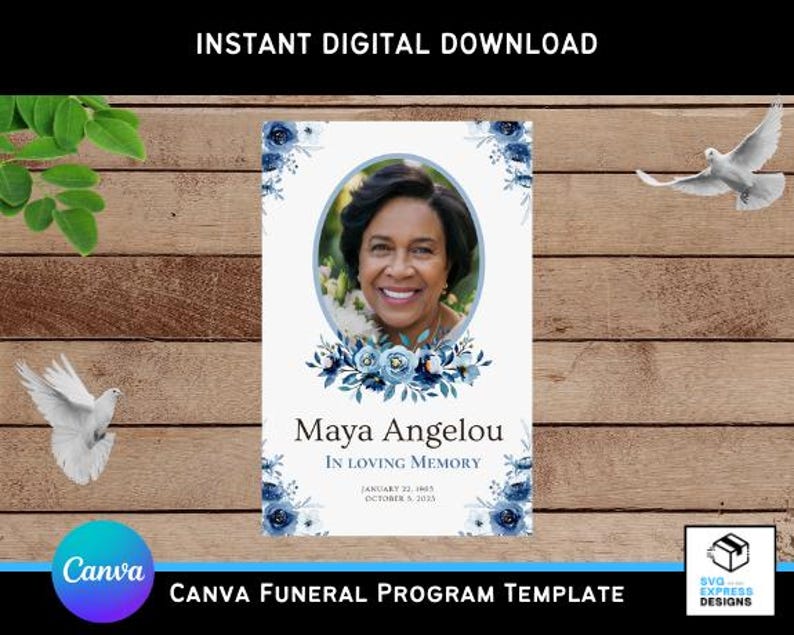 Watercolor Blue Rose Funeral Program Template - Bi-fold Brochure 11x8.5 ...