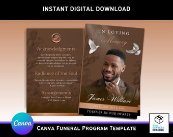 Brown Canva Funeral Program Template  – Elegant Bi-Fold Brochure (11x8.5 in) with Brown Petals