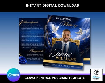 Royal Blue & Gold Funeral Program Template: Bi-Fold Memorial Design (Digital Download)