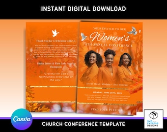 Autumn Leaves Church Conference Program Template: Women's Event, Editable Bi-Fold (Canva, 11x8.5, Digital Download)