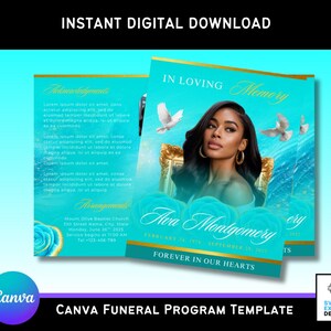 Pode incluir: Modelo digital para programa fúnebre em turquesa e dourado. O design apresenta uma foto de mulher, pombas e elementos florais. O texto inclui "In Loving Memory" e "Forever in Our Hearts". Download imediato.