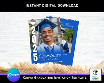 Modelo de convite de formatura azul e branco 2025: anúncio de formatura 5x7 (Canva, download digital)
