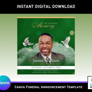 Anuncio y invitación para funeral en color verde esmeralda / Volante conmemorativo digital, obituario, celebración de la vida / Plantilla de Canva