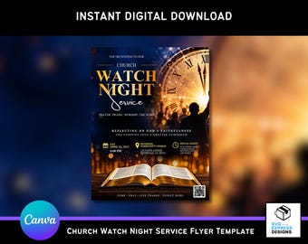 Church Watch Night Service Flyer Template, New Year’s Eve Church Flyer, Canva Editable Flyer, Watch Night Worship Service