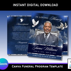 Puede incluir: Una plantilla digital de programa fúnebre con un diseño azul y plateado. El programa presenta una foto de un hombre, el texto "In Loving Memory" y el nombre "James Williams" con fechas. La plantilla de Canva incluye gráficos de palomas y rosas.