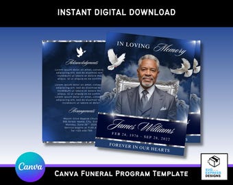 May include: A digital funeral program template with a blue and silver design. The program features a photo of a man, the text "In Loving Memory," and the name "James Williams" with dates. The Canva template includes dove and rose graphics.