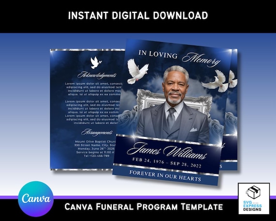 Blue Sky & Clouds Canva Funeral Program Template – Elegant Bi-Fold Brochure (17x11 in) with Doves
