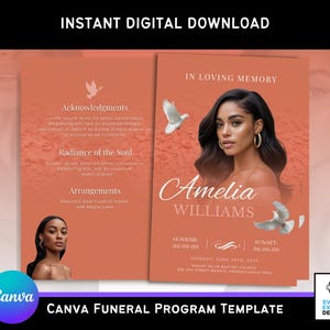 Pode incluir: Um modelo digital de programa fúnebre Canva com fundo pêssego. O design inclui o texto "In Loving Memory" e o nome "Amelia Williams". Ele também apresenta ilustrações de pombas e o texto "Instant Digital Download".