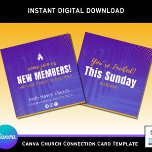 Purple and Orange Canva Church Invite Card Template | 5x5 Invite Card | Connect Card Canva Template