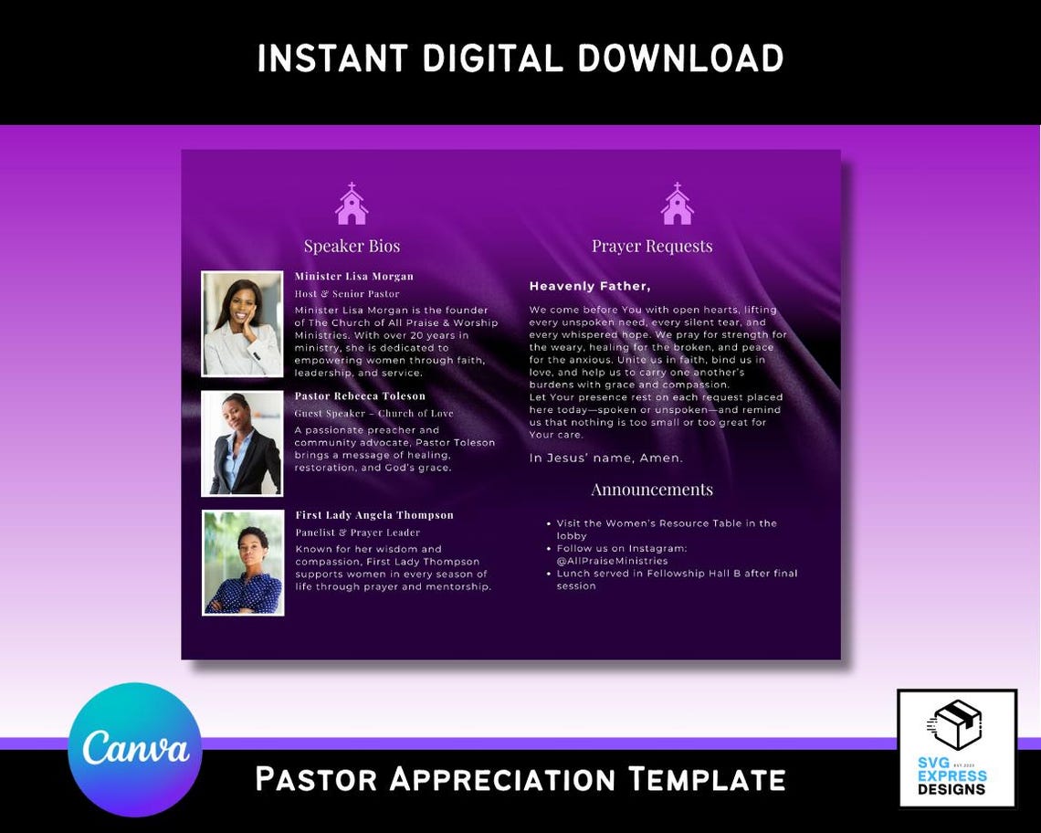 Pastor Appreciation Program Canva Template: Purple Church Design ...