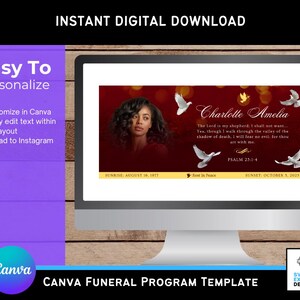 May include: A computer screen displays a Canva funeral program template. The design features a photo of a woman, doves, and text including the name "Charlotte Amelia" and a Bible verse. The template is easy to personalize.