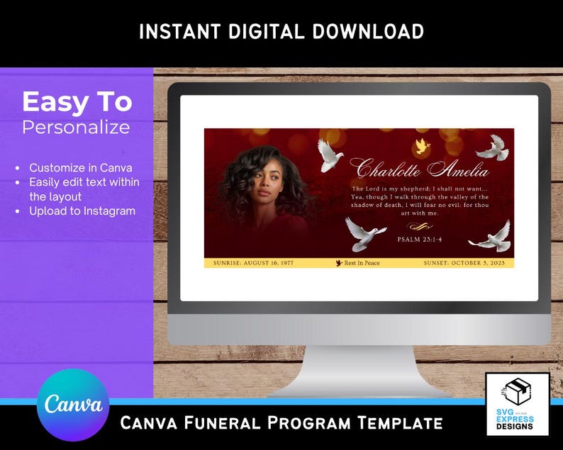 May include: A computer screen displays a Canva funeral program template. The design features a photo of a woman, doves, and text including the name "Charlotte Amelia" and a Bible verse. The template is easy to personalize.