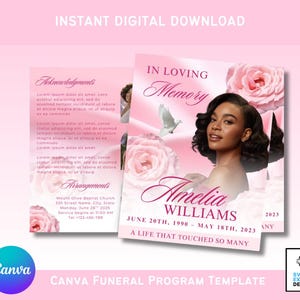 May include: A pink funeral program template with the text "In Loving Memory" and the name "Amelia Williams." The program includes a photo of a woman, floral accents, and the dates June 20th, 1990 - May 18th, 2023. The words "Instant Digital Download" are at the top.