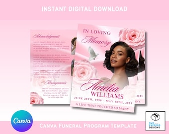 Peaceful Pink Roses Canva Funeral Program Template – Elegant Bi-Fold Brochure (17x11 in) with Doves
