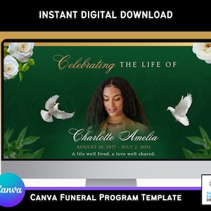 Plantilla de presentación de diapositivas para funeral en Hunter Green / Video conmemorativo / Tributo fotográfico de celebración de la vida / Plantilla editable de Canva / Tributo de 10 diapositivas