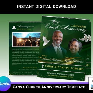 Green Church Anniversary Program Template: 17x11 Bifold Brochure (Canva Digital Download)