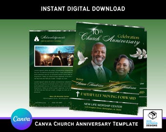 Green Church Anniversary Program Template: 17x11 Bifold Brochure (Canva Digital Download)