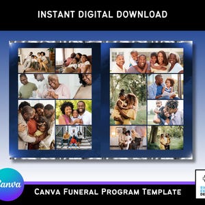 Op de afbeelding: Een digitaal Canva-sjabloon voor een begrafenisprogramma met familiefoto's. Het sjabloon heeft een blauw en zilver ontwerp met de tekst "INSTANT DIGITAL DOWNLOAD" bovenaan en "CANVA FUNERAL PROGRAM TEMPLATE" onderaan.