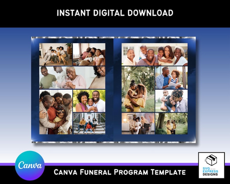 Op de afbeelding: Een digitaal Canva-sjabloon voor een begrafenisprogramma met familiefoto's. Het sjabloon heeft een blauw en zilver ontwerp met de tekst "INSTANT DIGITAL DOWNLOAD" bovenaan en "CANVA FUNERAL PROGRAM TEMPLATE" onderaan.