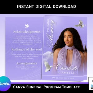 May include: Purple and white funeral program template with a photo of a woman in a lavender dress. The text "In Loving Memory" is at the top of the page, and the text "Charlotte S. Amelia" is at the bottom of the page. The dates "Jan 22, 1965 Oct 5, 2023" are also included.