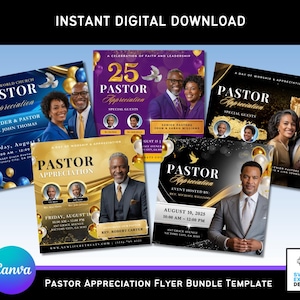 以下が含まれることがあります： 牧師感謝フライヤーテンプレートのバンドル。フライヤーには、牧師とその配偶者の写真が掲載されており、「Pastor Appreciation」という言葉とイベントの詳細を含むテキストが記載されています。配色には青、金、紫が含まれています。