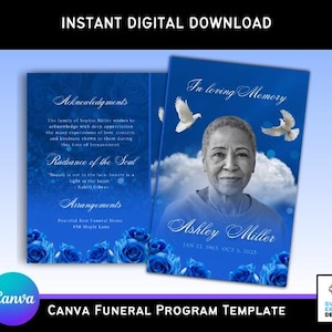 Modèle de programme de funérailles Nuage bleu - Brochure rose bleues 2 volets 27 x 8,5 po. - Pétales de fleurs modifiables Canva