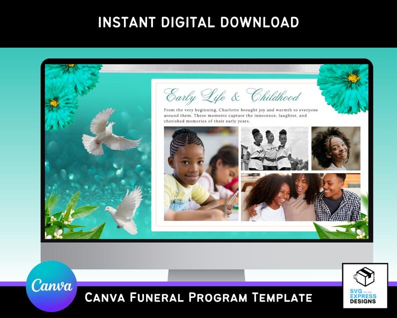 Turquoise Floral Funeral Slideshow Template: 10-slide Memorial Video ...