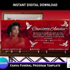 Plantilla de Canva para panel de ataúd funerario rojo y dorado / Inserto conmemorativo editable de 31 x 14 pulgadas / Diseño de celebración de la vida