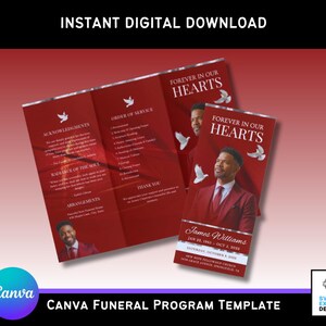 May include: A red Canva funeral program template with the text "Forever in Our Hearts." The program includes a photo of a man in a suit, doves, and the text "Instant Digital Download."