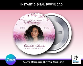 Sjabloon voor herdenkingsknop pruim dahlia: ontwerp begrafenis aandenken (Canva Pro, 3 x 3, digitale download)