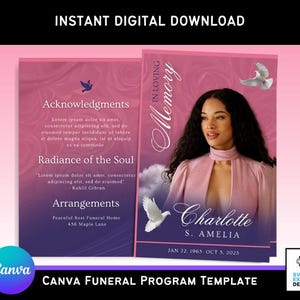 Pode incluir: Um modelo de programa de funeral rosa e roxo com uma foto de uma mulher e pombas. O texto diz "Em memória carinhosa, Charlotte S. Amelia, 22 de janeiro de 1965 - 5 de outubro de 2023".
