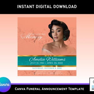 Anuncio e invitación para funeral en rosa melocotón y verde azulado / Volante conmemorativo digital, obituario, celebración de la vida / Plantilla de Canva